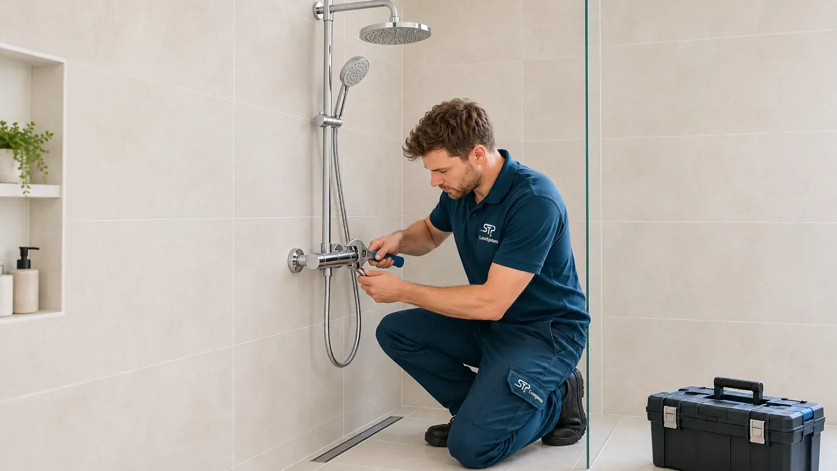 Illustratie: STP-monteur sluit een douchekraan aan in een badkamer