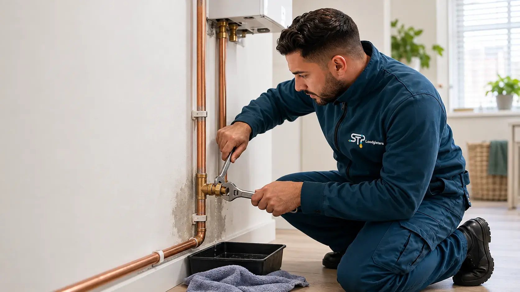 Illustratie: STP-monteur repareert een lekkende koperen waterleiding