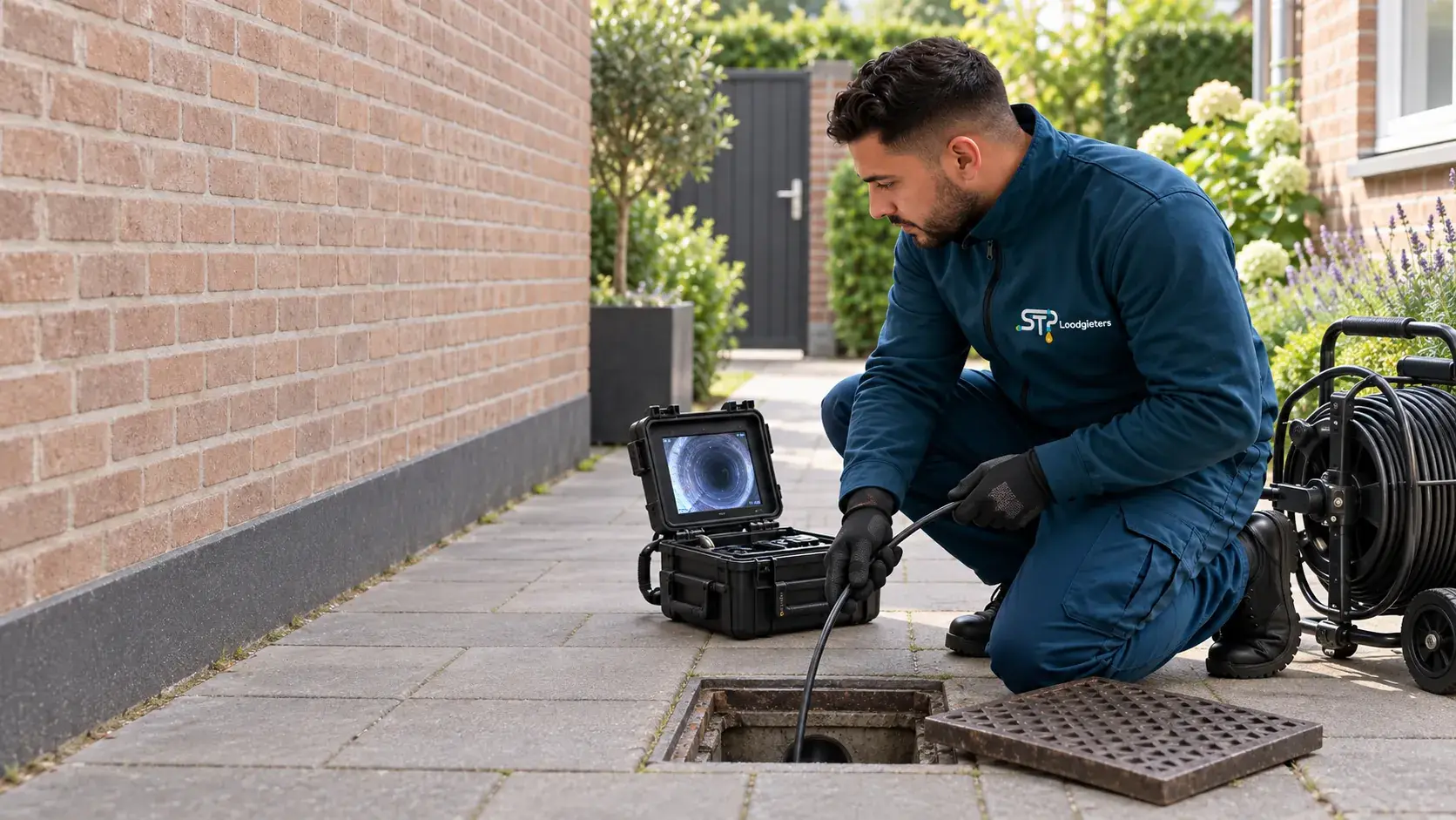 Illustratie: STP-monteur onderzoekt een riool bij een inspectieput met camera-apparatuur