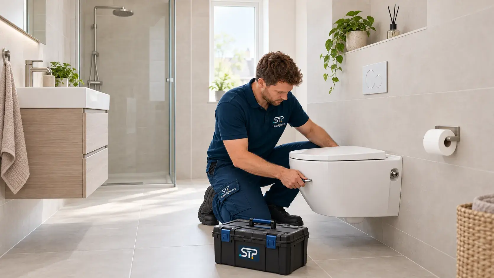 Illustratie: STP-monteur monteert een hangend toilet in een badkamer