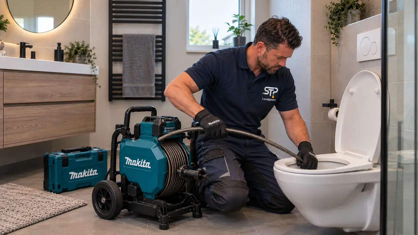 Illustratie: STP-monteur ontstopt een toilet met professioneel gereedschap